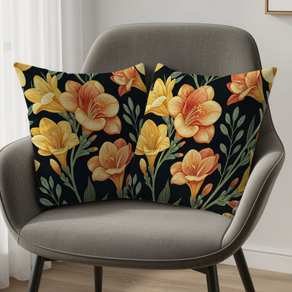Yellow Orange Floral Pattern Dark Background Decorative Floral Throw Pillows - Walk Greener