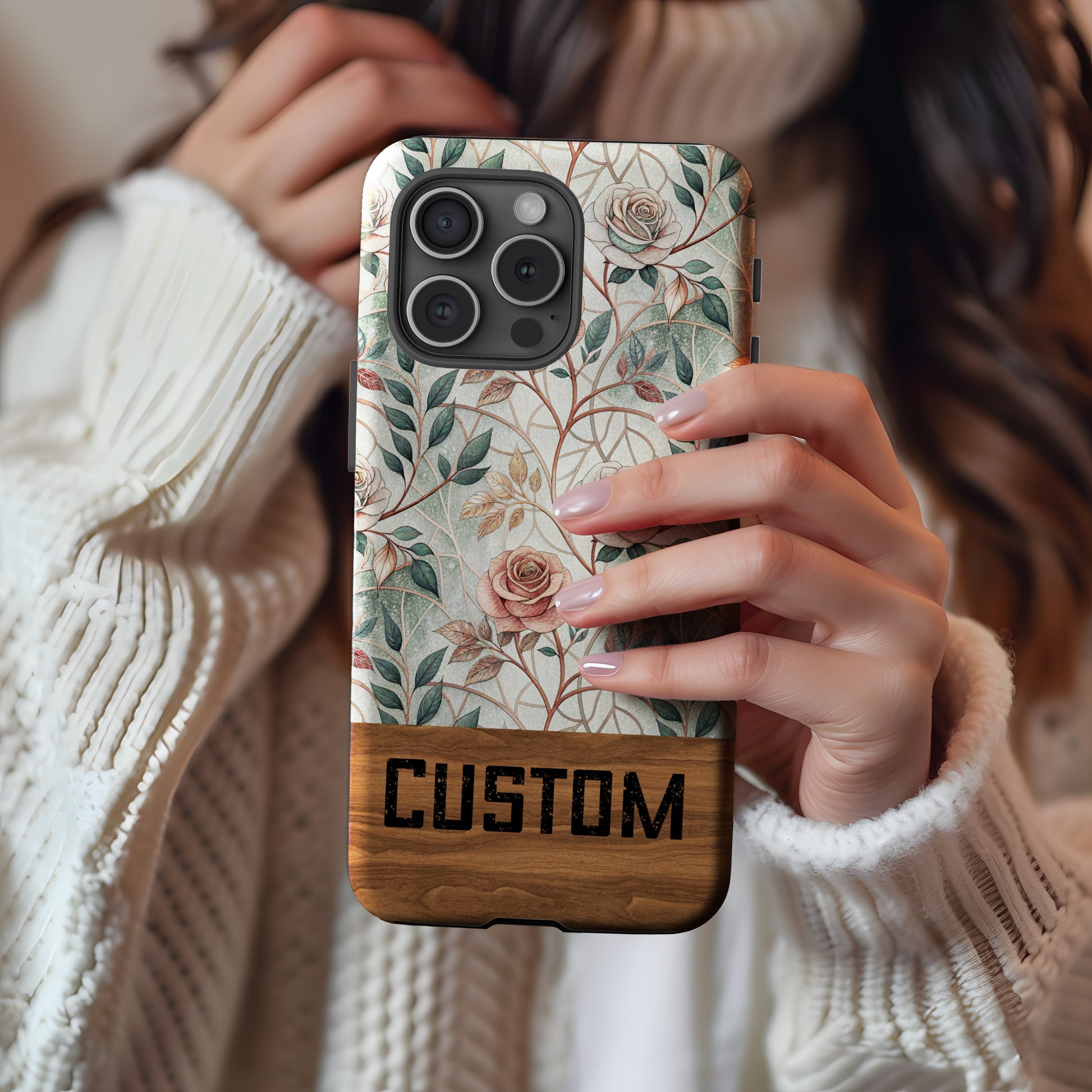 Custom Floral Pattern Wooden Customizable Phone Case