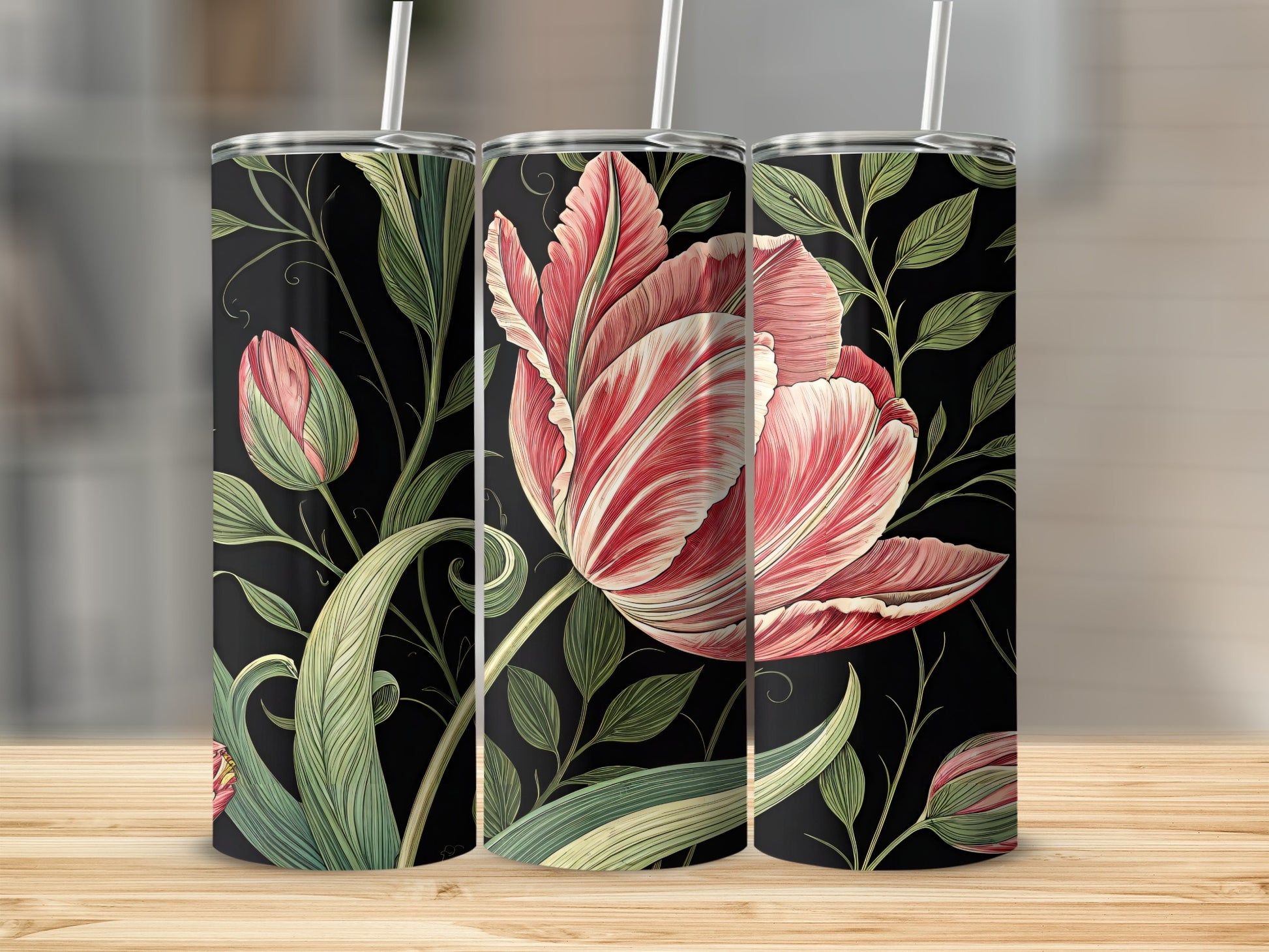 Elegant Black Floral Tulip Design Tall Tumbler