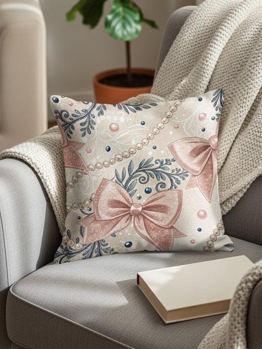 Elegant Pink Bow Decor Pillow with Floral Design