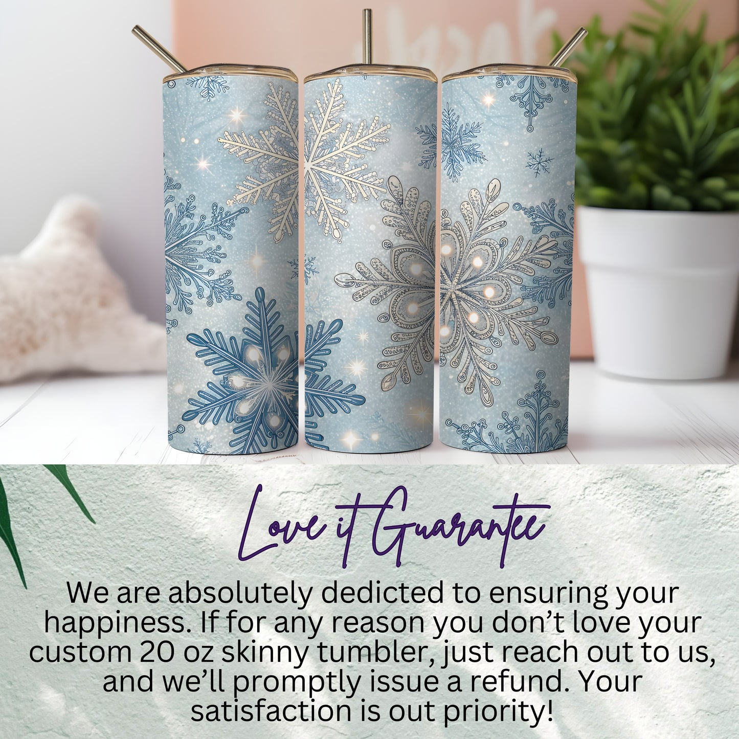 Custom 20 oz Skinny Tumbler Snowflakes Design