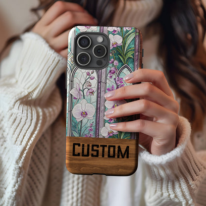 Custom Floral Stained Glass Phone Case with Wood Accent