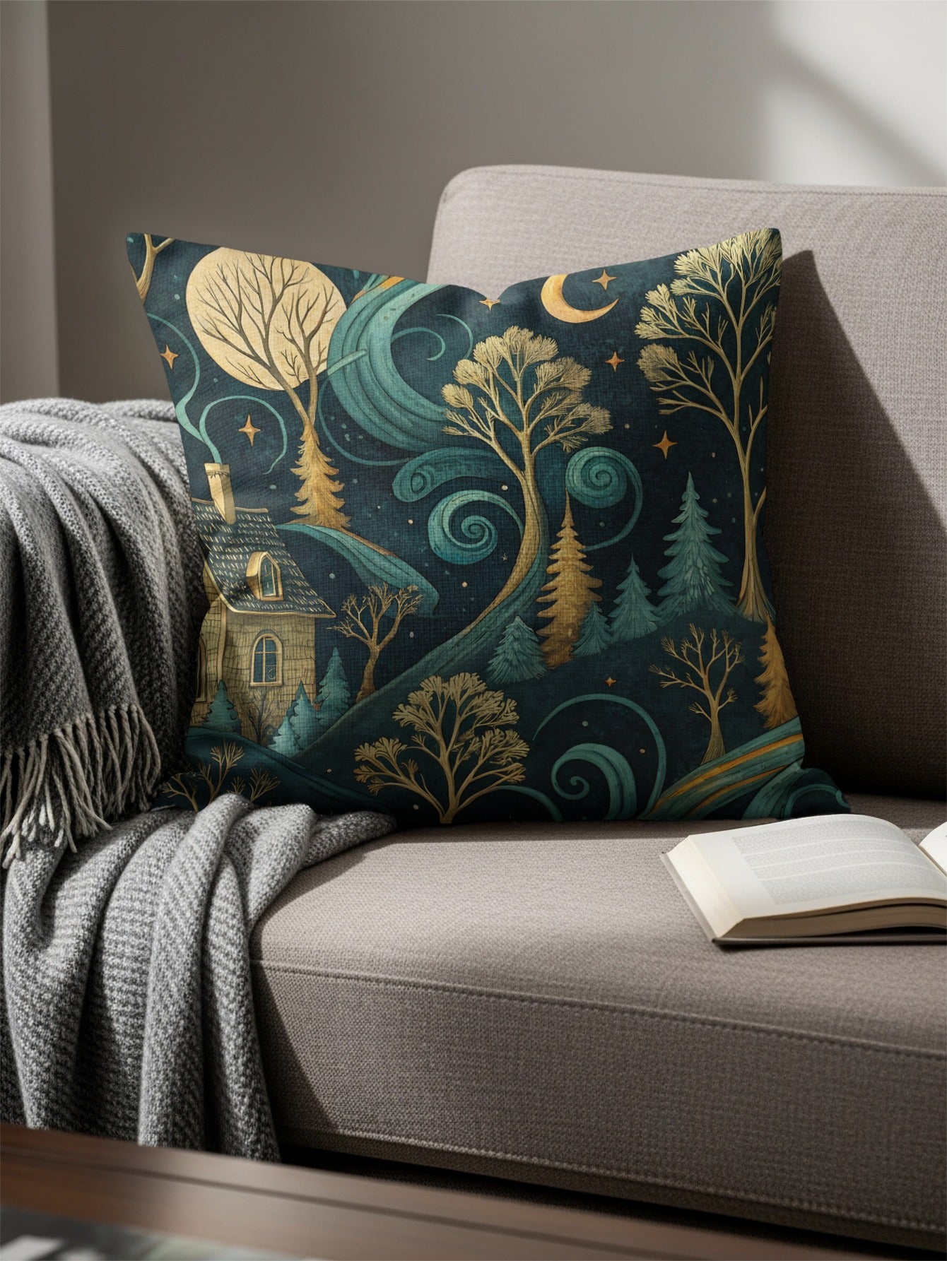 Enchanting Forest Night Scene Decorative Pillow