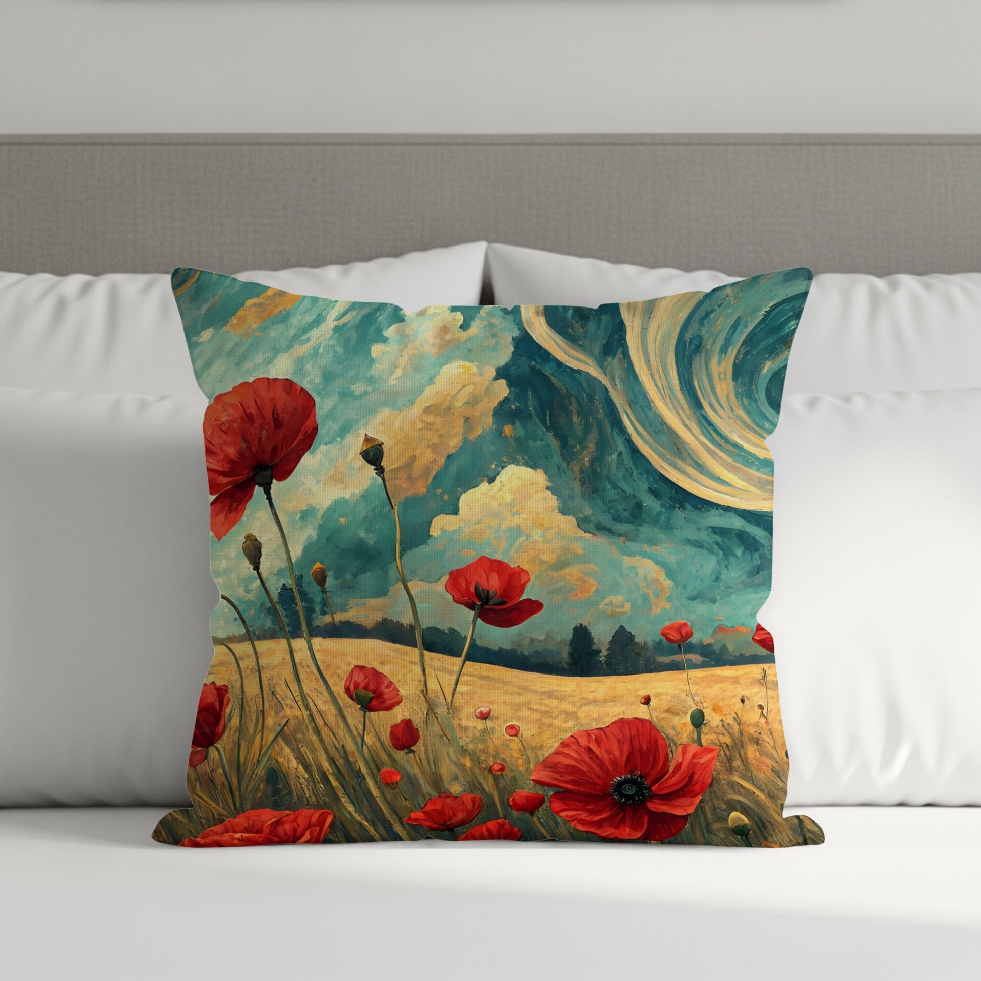 Vibrant Red Poppies and Blue Sky Decorative Pillow