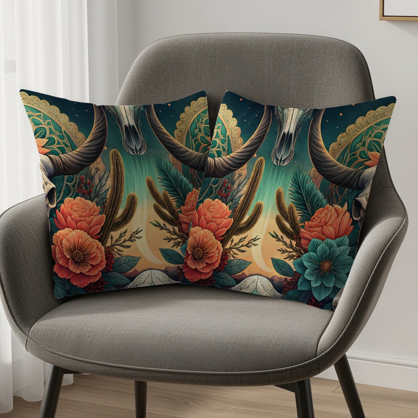 Vibrant Floral and Cactus Design Decorative Pillow