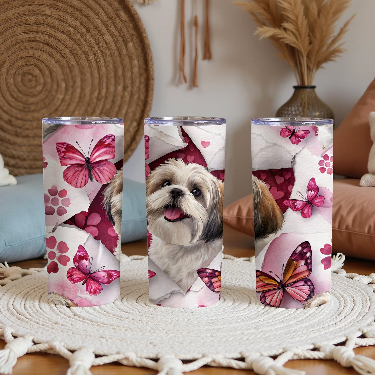 Adorable Shih Tzu with Pink Butterflies Tumbler