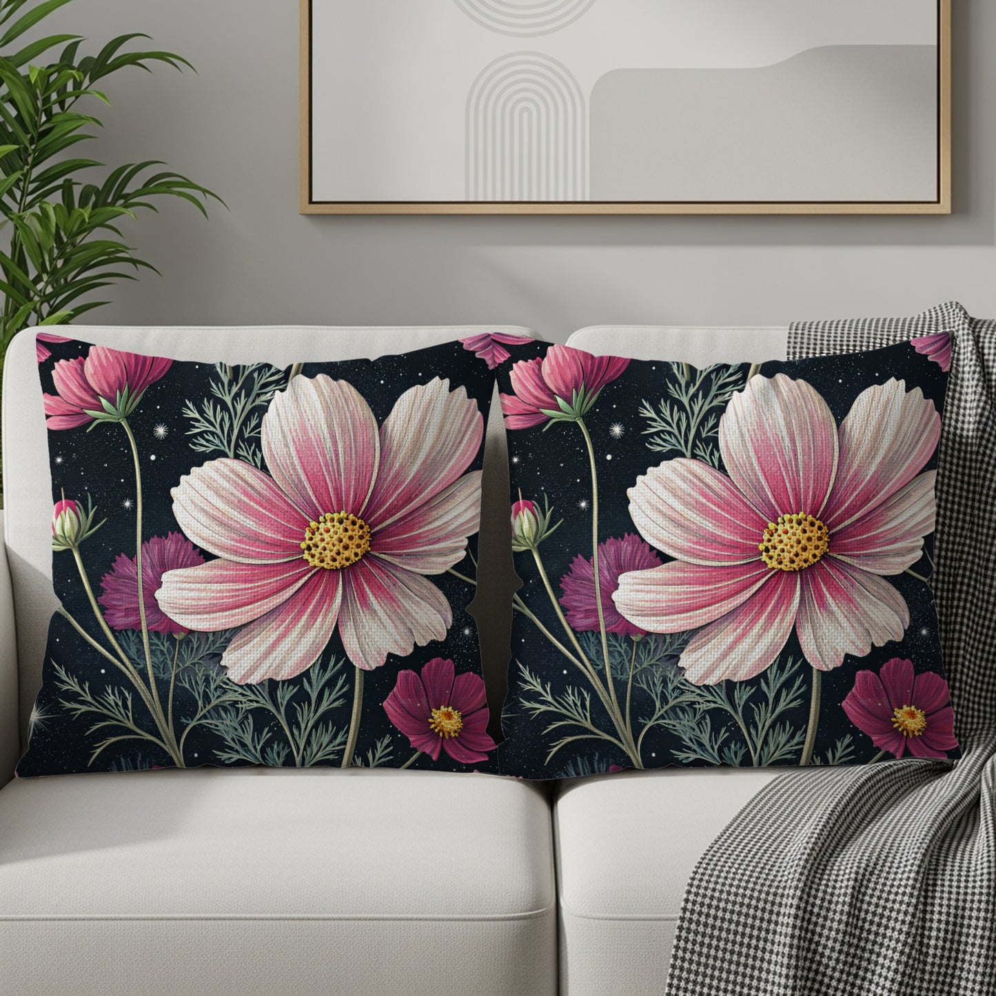 Cosmos Floral Pattern Pink White on Dark Backdrop Decorative Floral Throw Pillows - Walk Greener