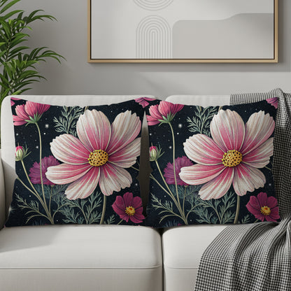 Cosmos Floral Pattern Pink White on Dark Backdrop Decorative Floral Throw Pillows - Walk Greener