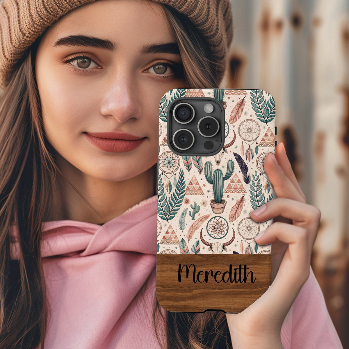 Dreamcatcher and cactus pattern phone case with personalized name 'Meredith' - close-up of print detail