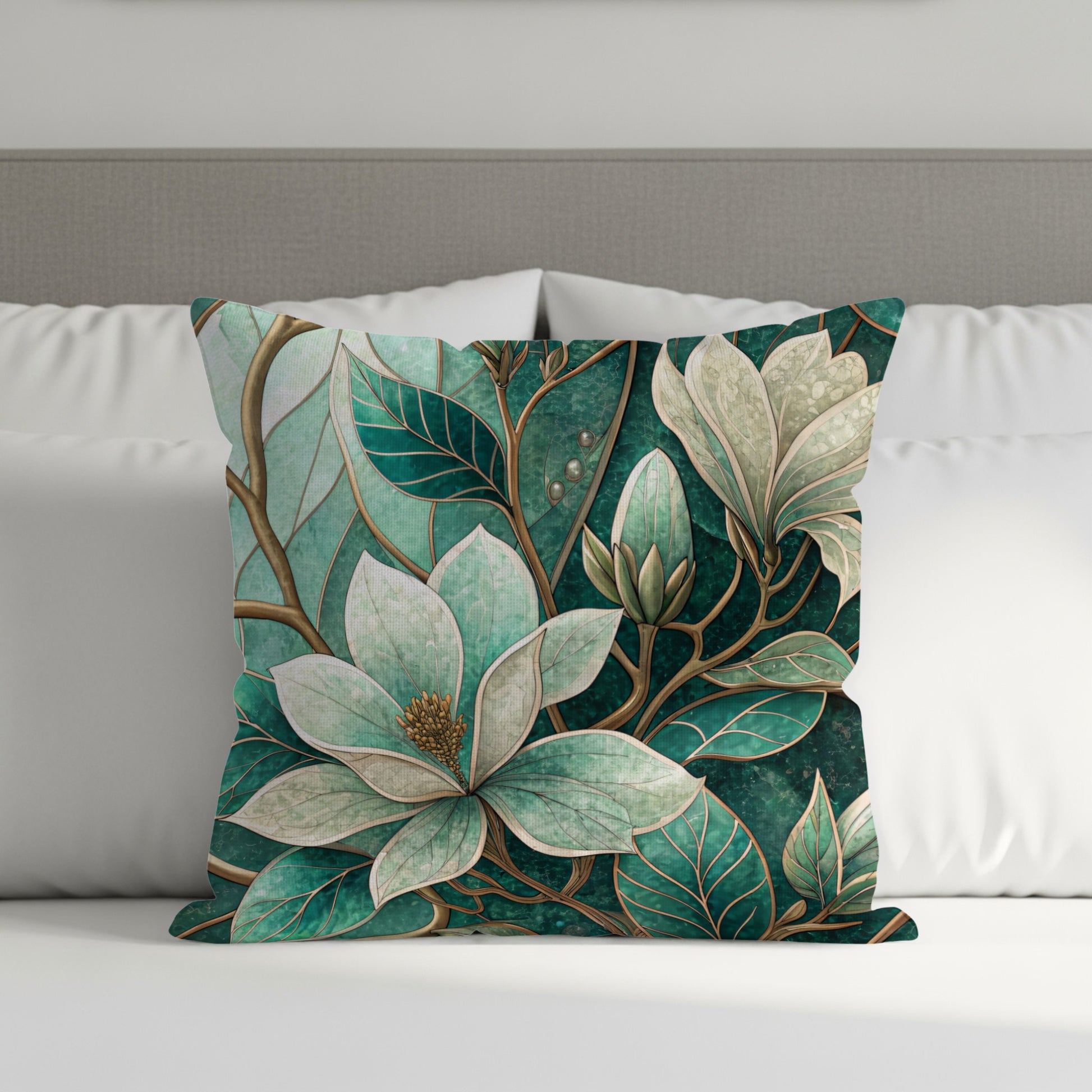 Emerald Magnolia Blossom and Vines Pattern Design Throw Pillows - Walk Greener