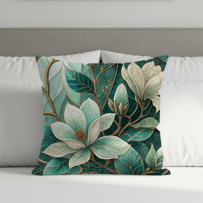 Emerald Magnolia Blossom and Vines Pattern Design Throw Pillows - Walk Greener