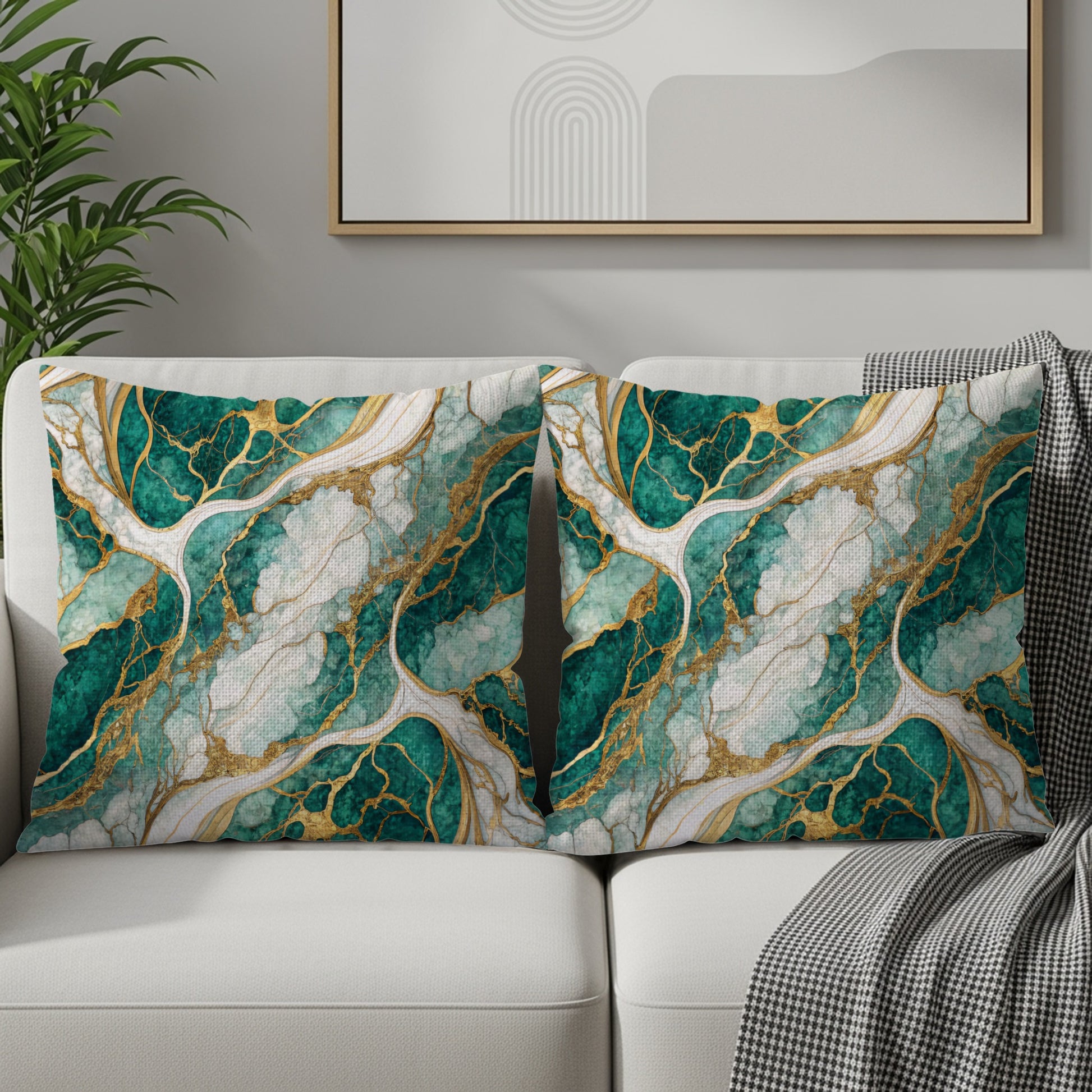 Abstract Teal and Gold Marble Pattern Pillow Set