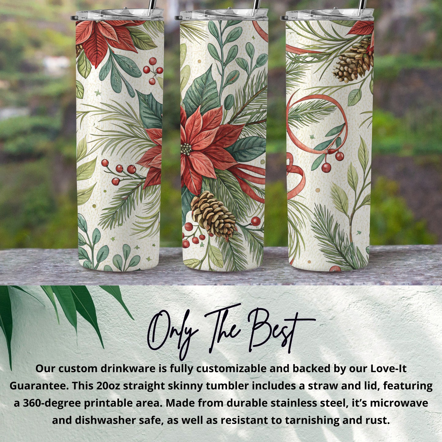 Festive Floral Insulated Tumbler with Straw and Lid