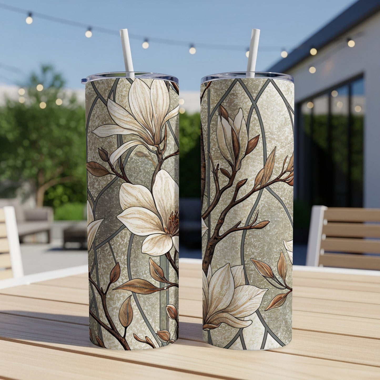 Magnolia Floral Design on Mosaic Background 20 oz Skinny Tumbler - Walk Greener