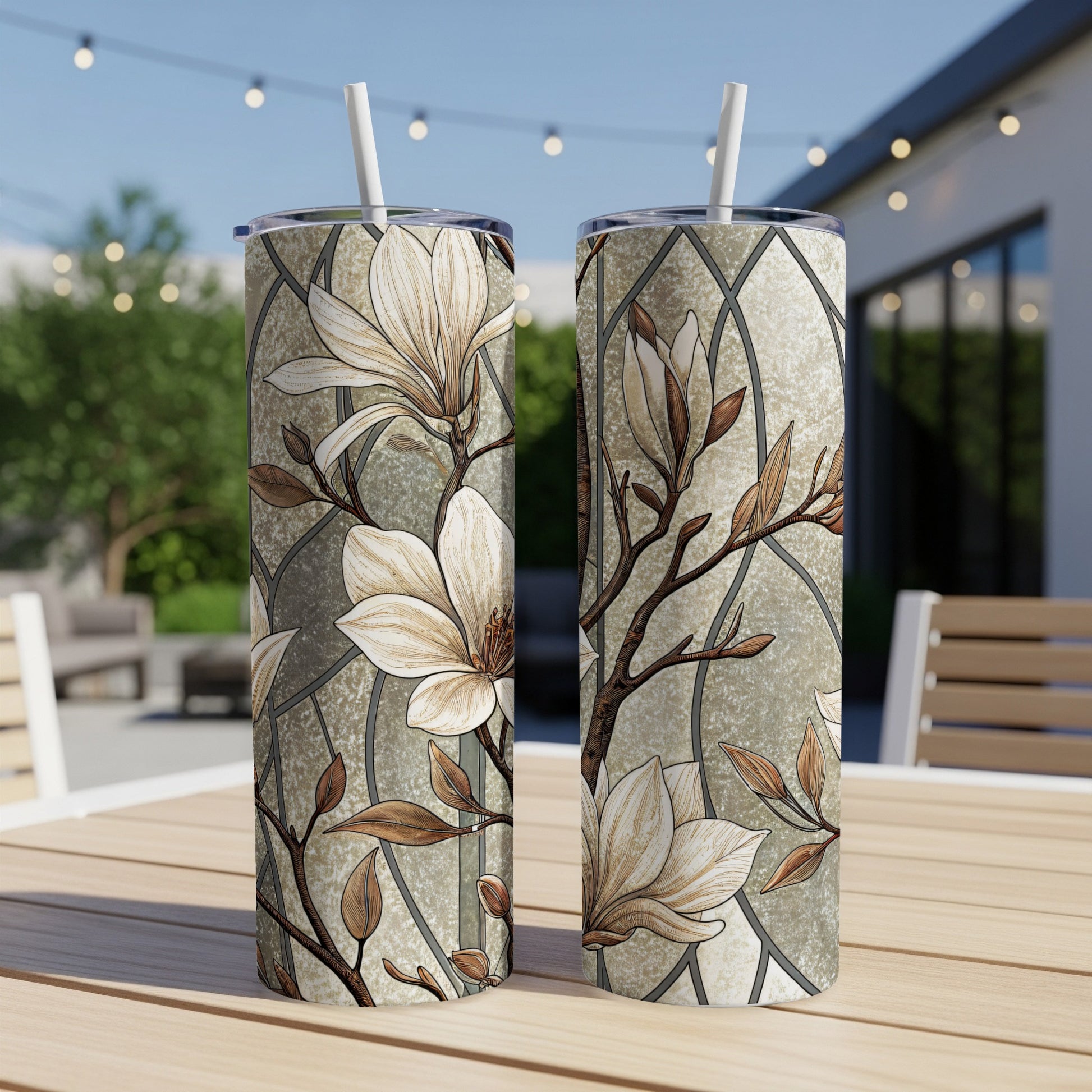 Magnolia Floral Design on Mosaic Background 20 oz Skinny Tumbler - Walk Greener