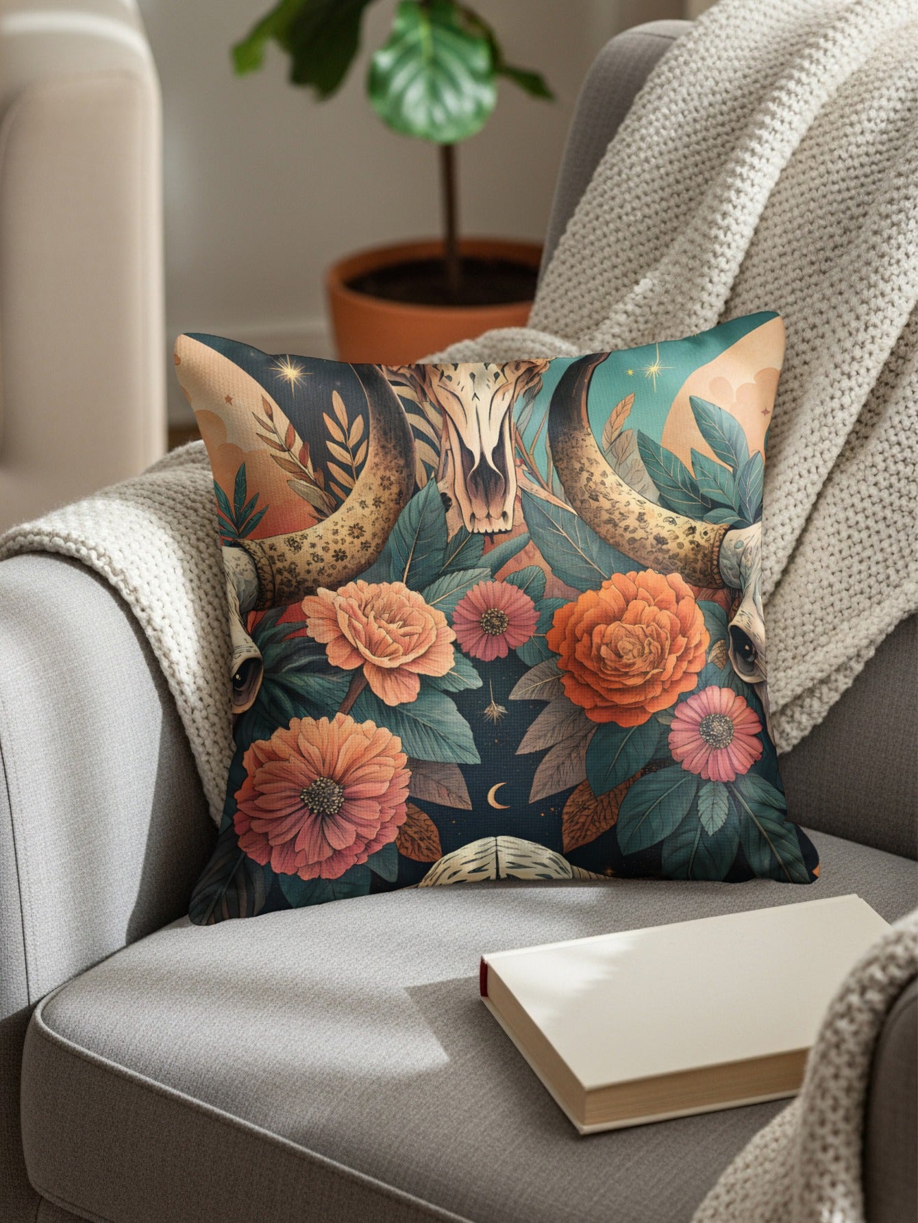 Floral Animal Skull Decorative Throw Pillow