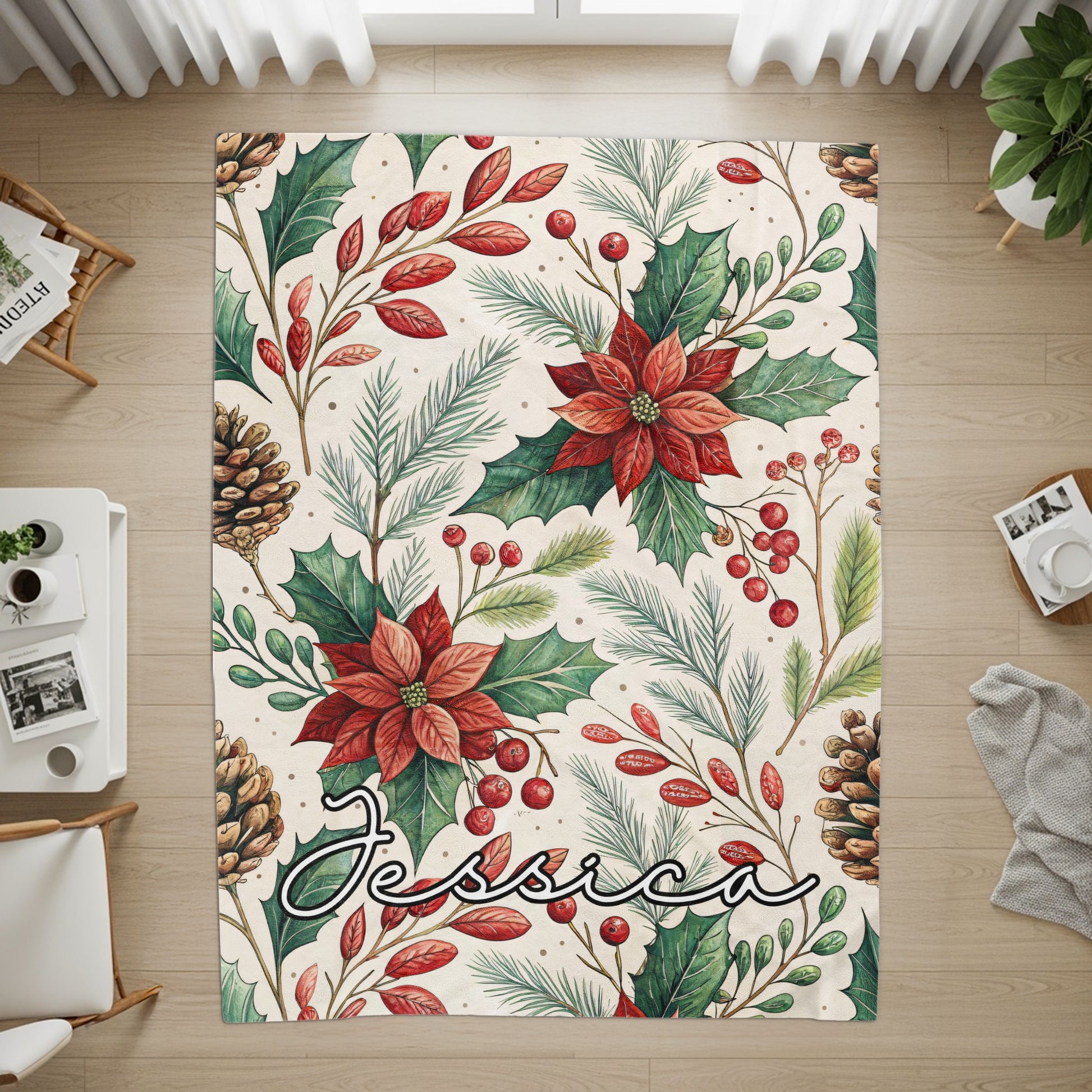 Personalized Christmas Floral Poinsettia Rug Custom Name