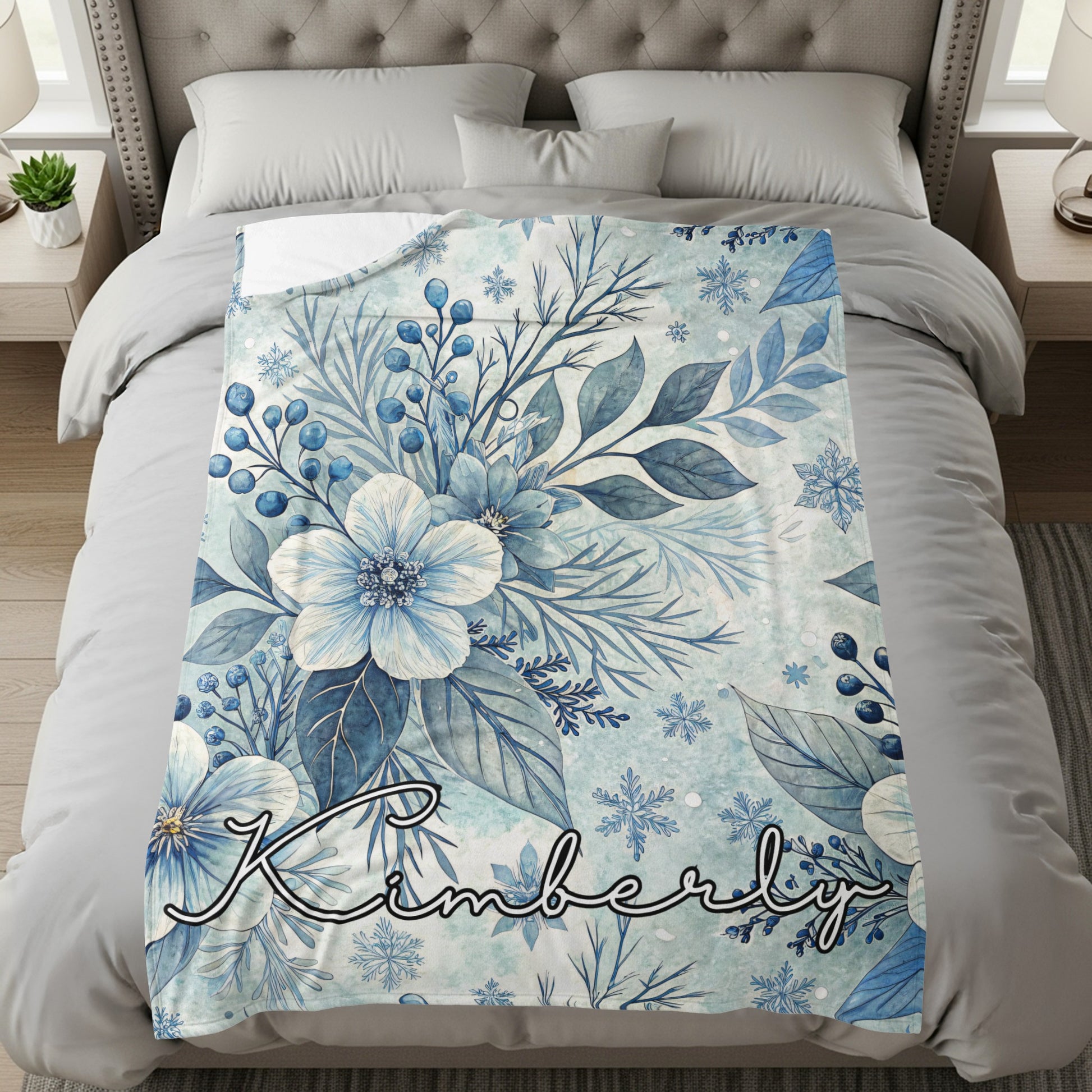 Customized Floral Blue Botanical Design Bedding Blanket