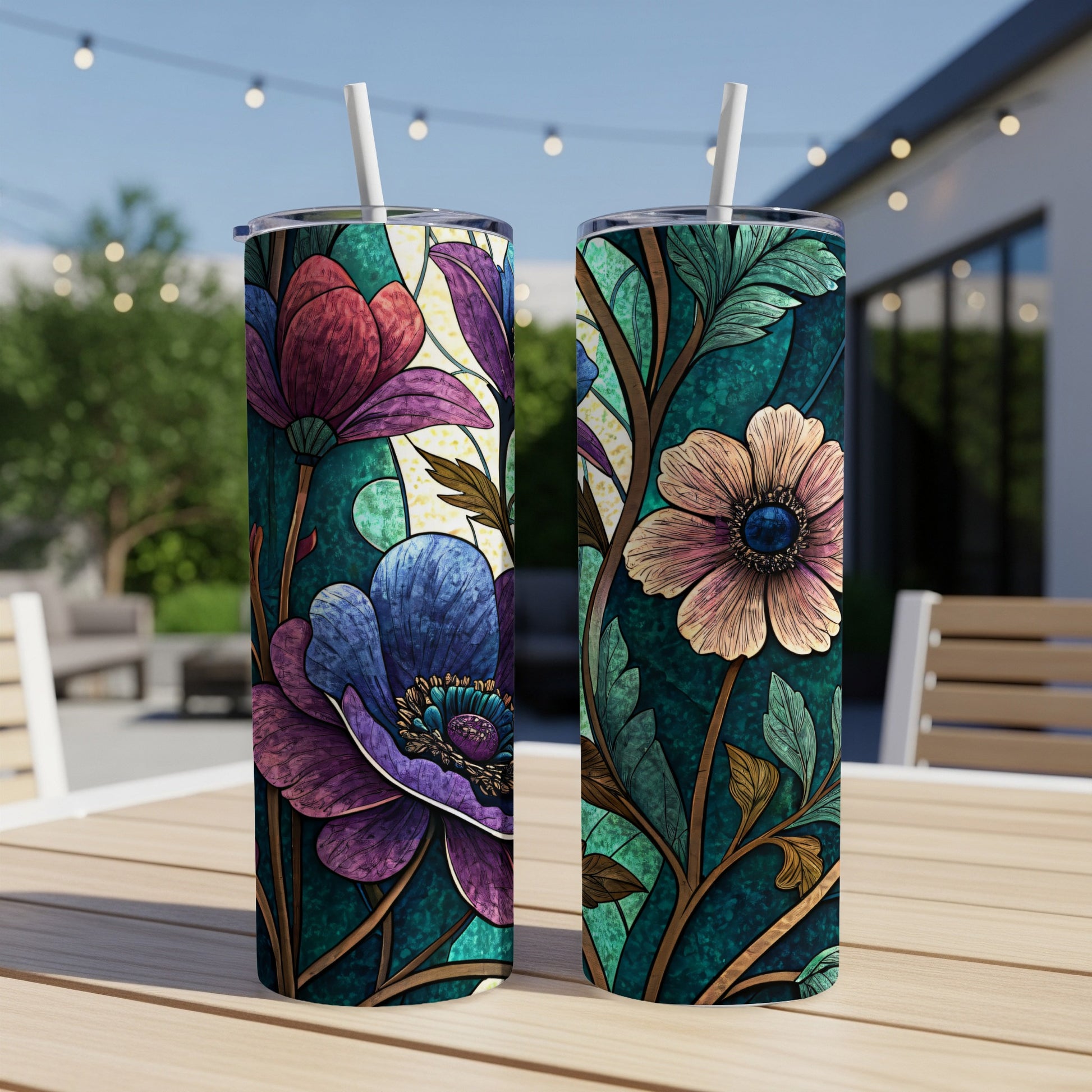 Stained Glass Inspired Floral Arrangement Art Deco 20 oz Skinny Tumbler - Walk Greener
