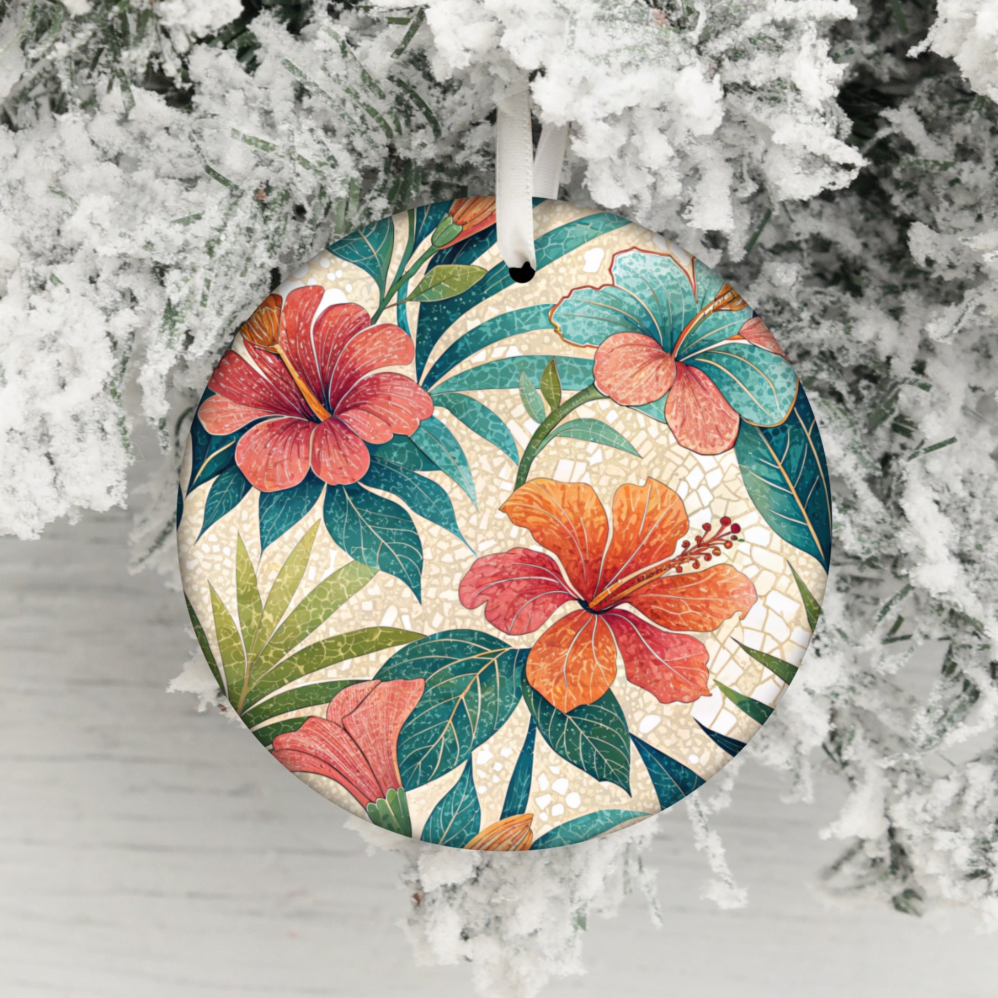 Vibrant Tropical Flowers Pattern Christmas Ornament