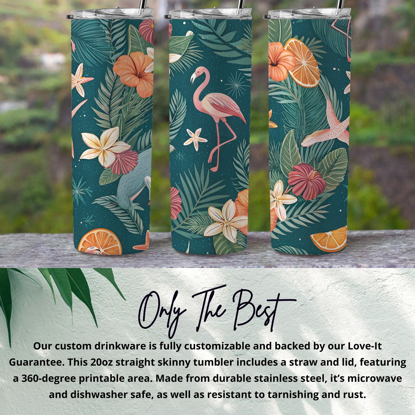Tropical Floral and Flamingo Design Skinny Tumbler