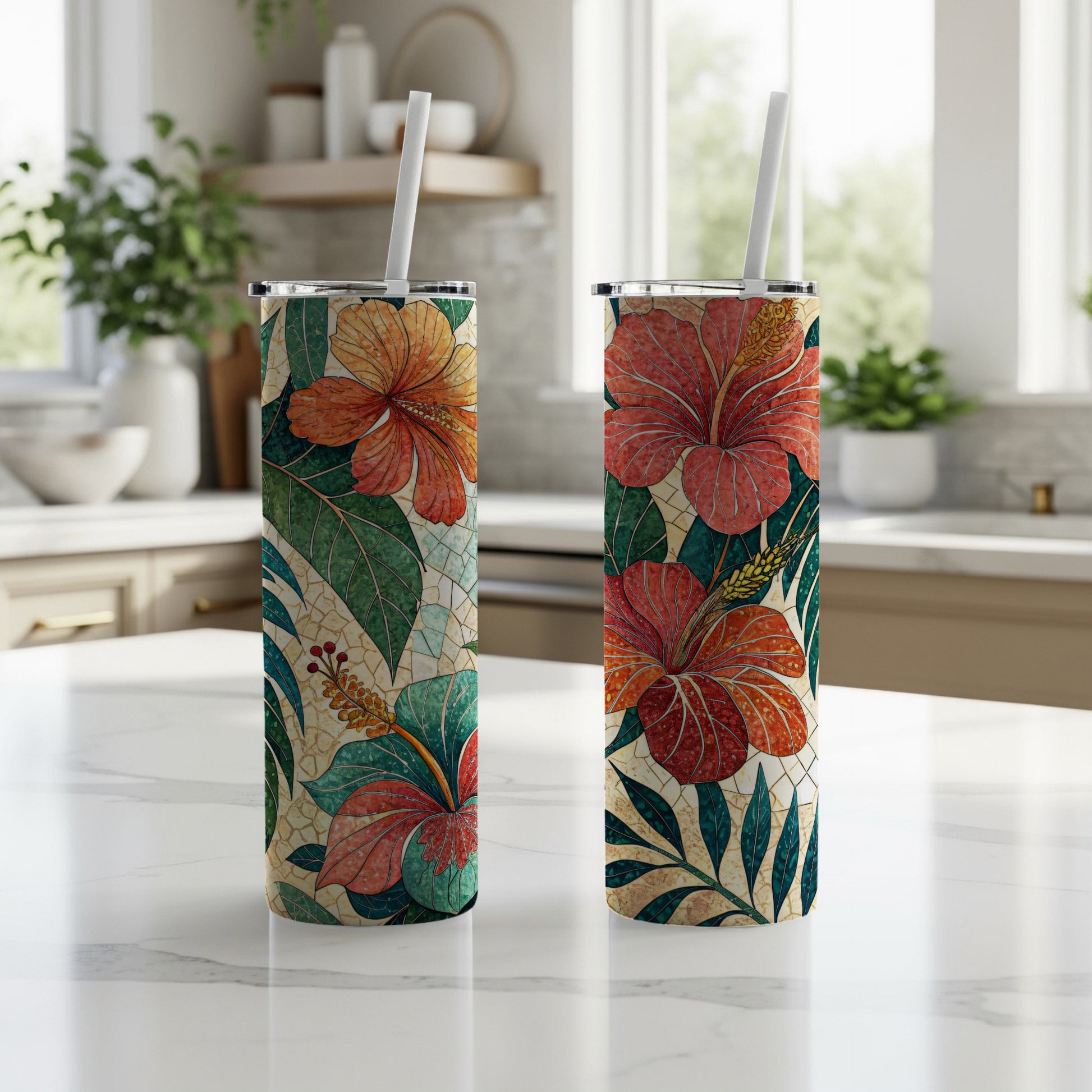 Hibiscus Flowers with Mosaic Background Illustration 20 oz Skinny Tumbler - Walk Greener