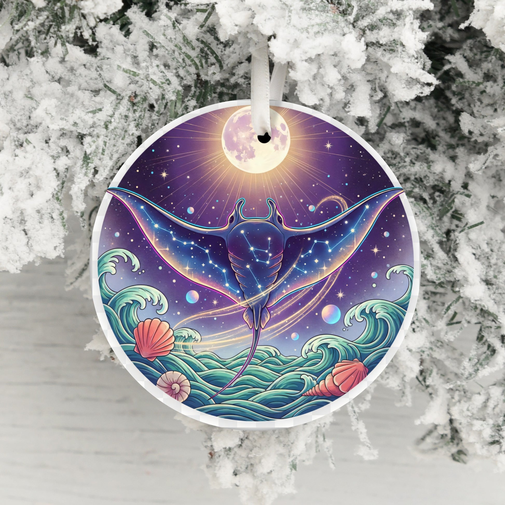 Mystical Manta Ray Moonlit Waves Christmas ornament