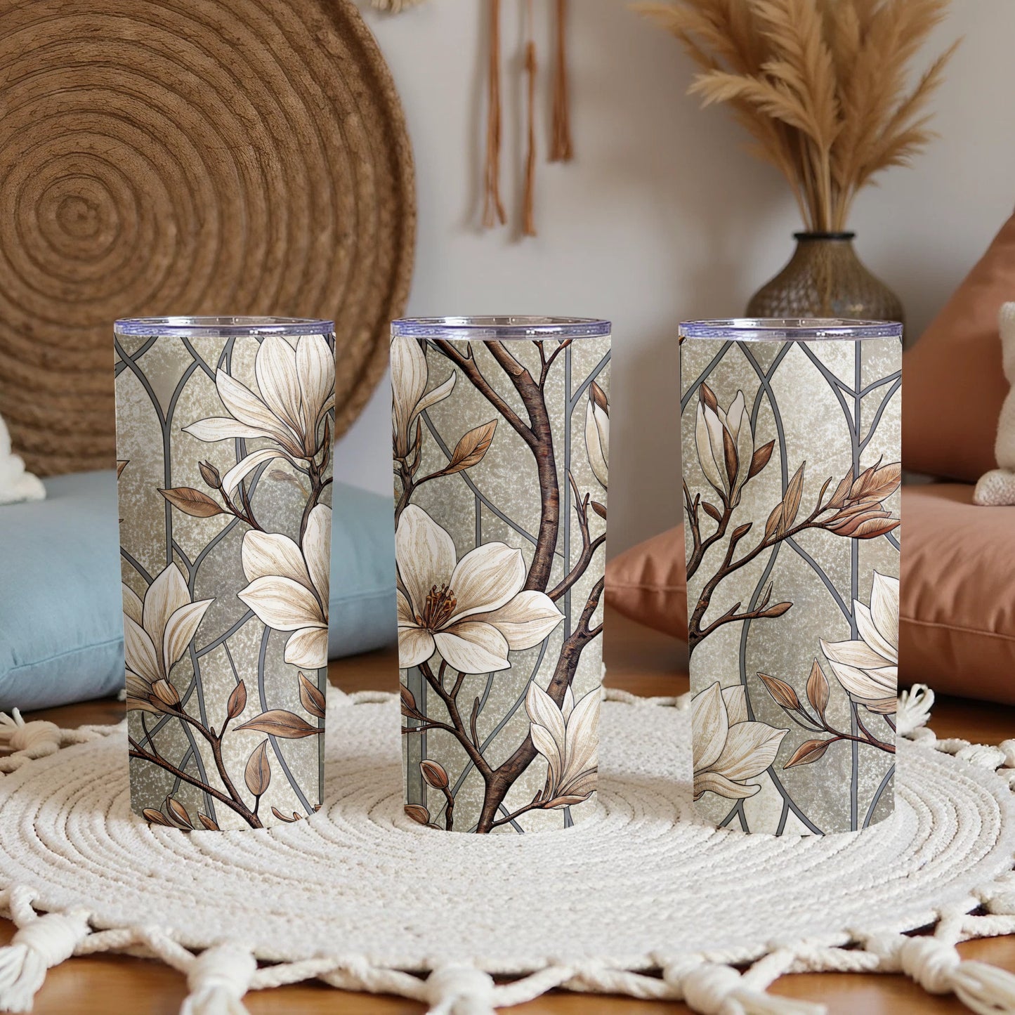 Magnolia Floral Design on Mosaic Background 20 oz Skinny Tumbler - Walk Greener