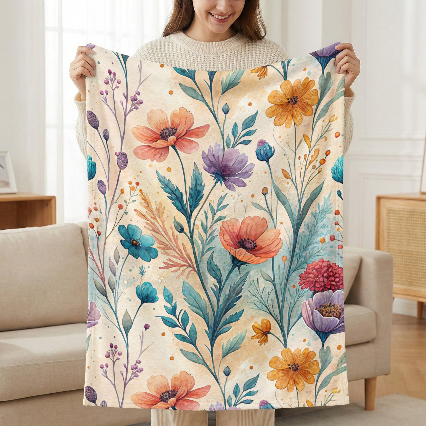 Watercolor Garden Floral Design on Velveteen Plush Blankets - Walk Greener