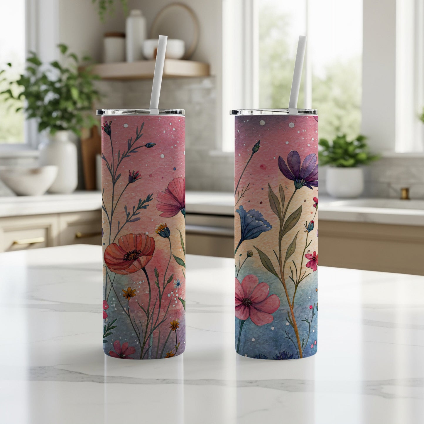 Watercolor Flowers Garden Aesthetic Art 20 oz Skinny Tumbler - Walk Greener