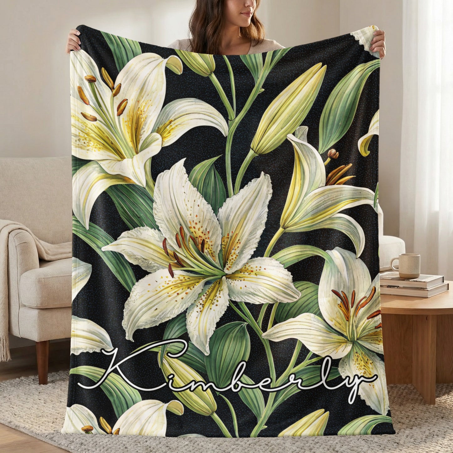 Personalized Kimberly Floral Blanket with White Lily Design
