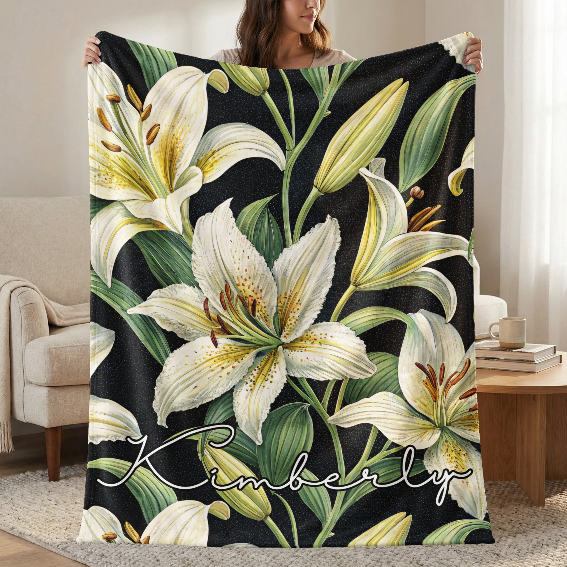 Personalized Kimberly Floral Blanket with White Lily Design