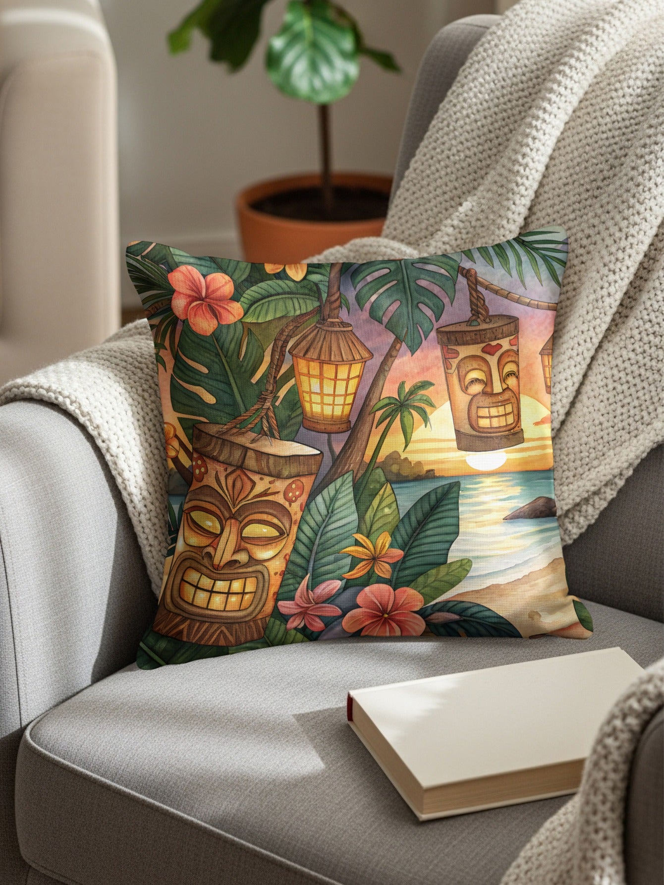 Tropical Tiki Mask and Beach Scene Pillow product