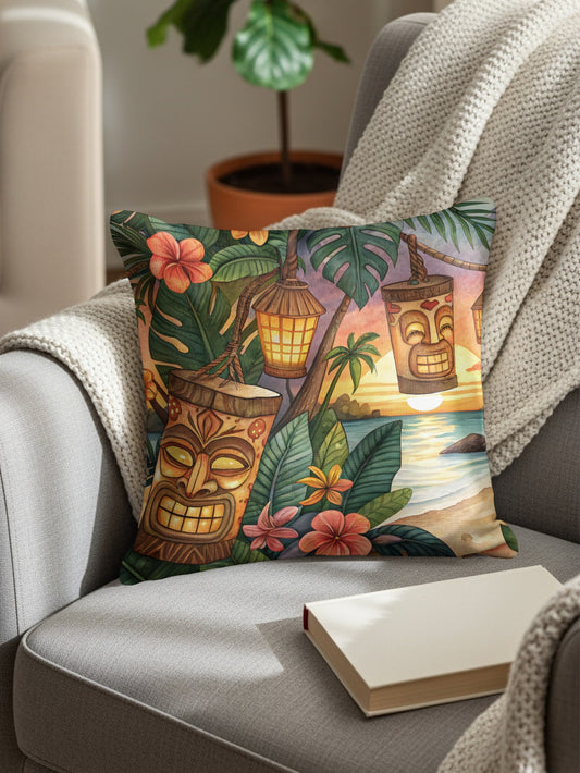 Tropical Tiki Mask and Beach Scene Pillow product