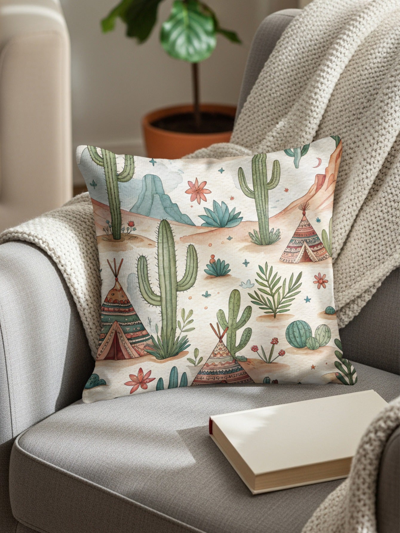 Desert Dreams with Teepees and Cacti Watercolor Style Pillows & Pillow Cases - Walk Greener