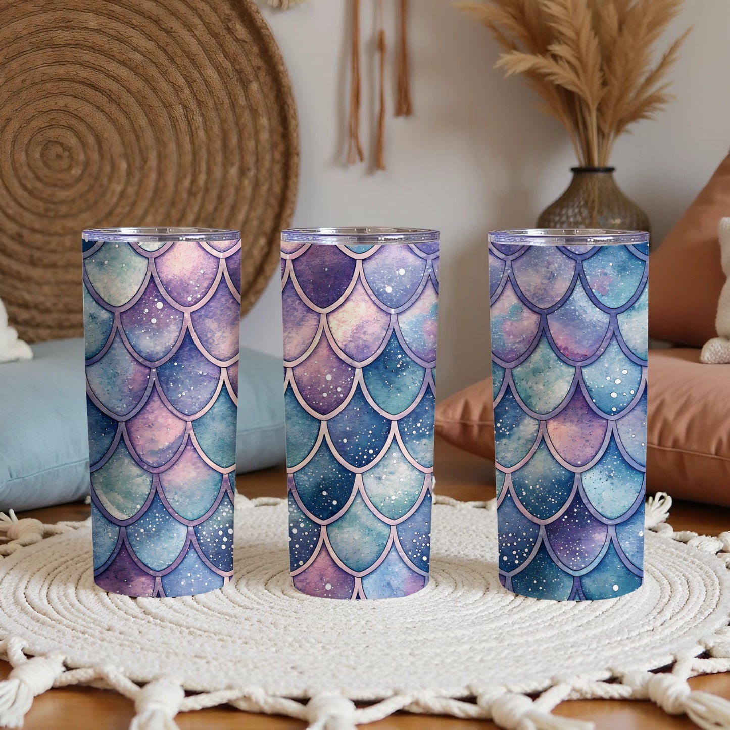 Watercolor Mermaid Scales Pattern in Teal Blue Purple Tumbler - Walk Greener