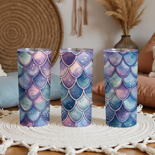 Watercolor Mermaid Scales Pattern in Teal Blue Purple Tumbler - Walk Greener