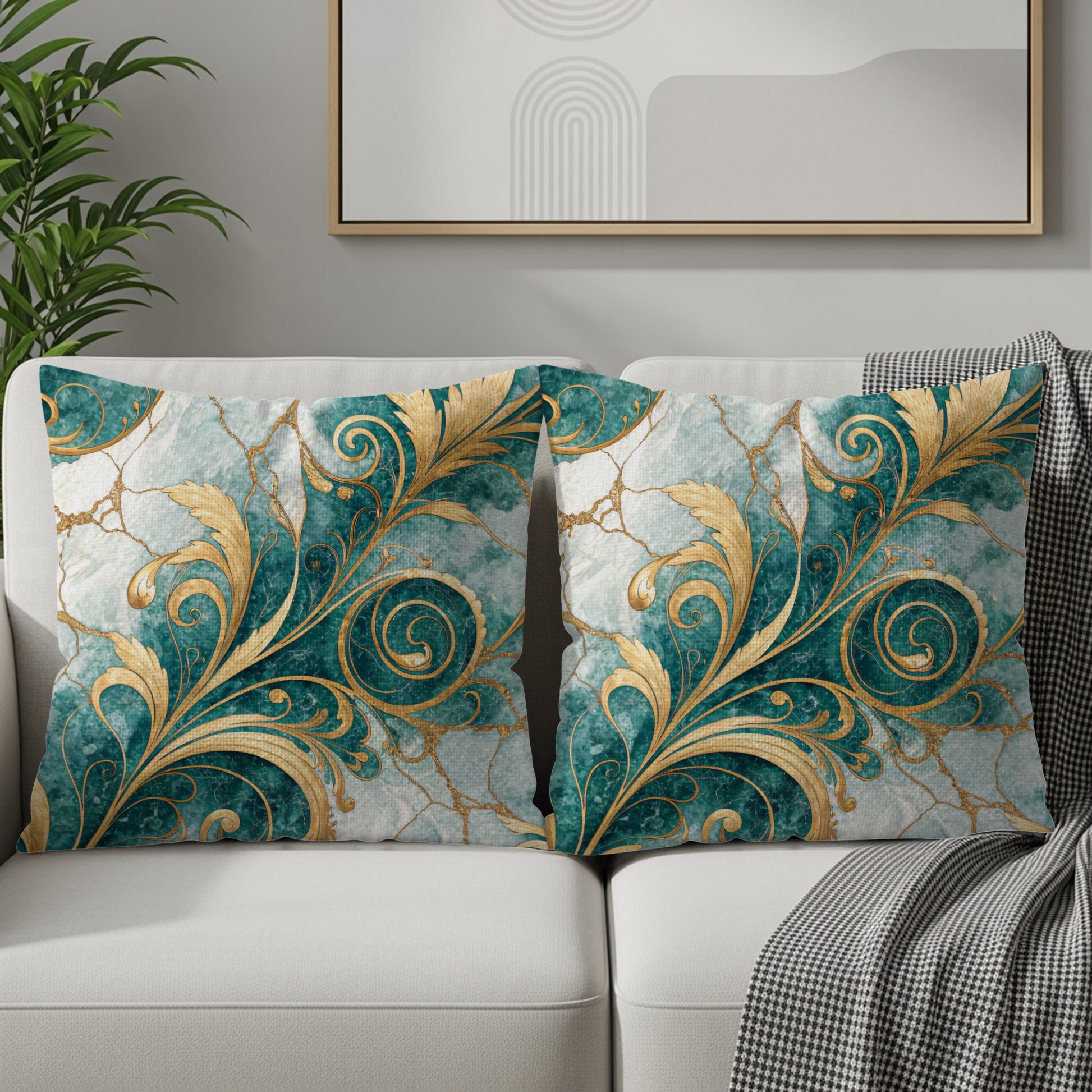Teal and Gold Floral Pattern Elegant Decorative Floral Throw Pillows - Walk Greener
