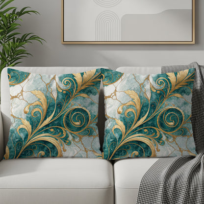 Teal and Gold Floral Pattern Elegant Decorative Floral Throw Pillows - Walk Greener