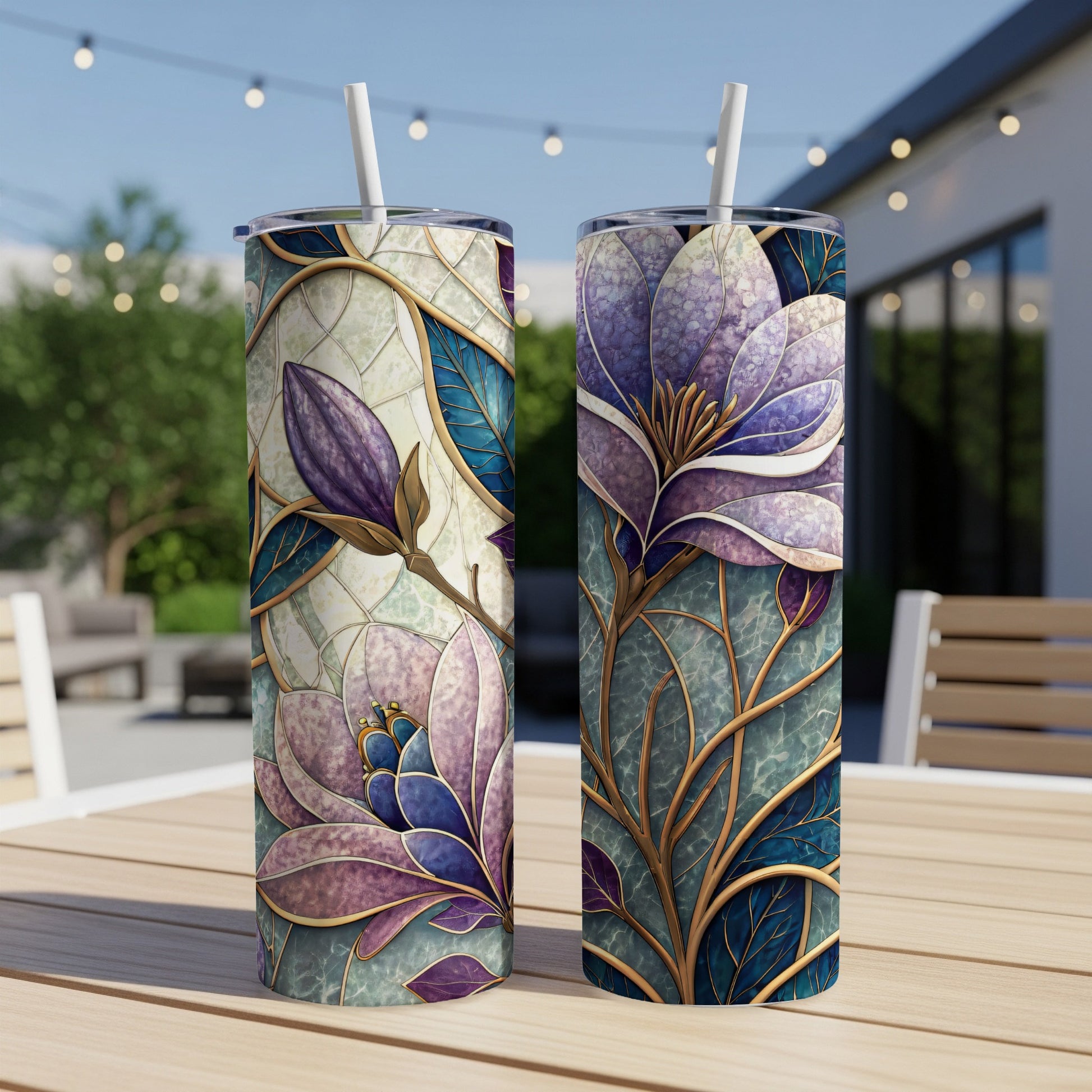 Floral Art with Gold Outlines on Blue White 20 oz Skinny Tumbler - Walk Greener