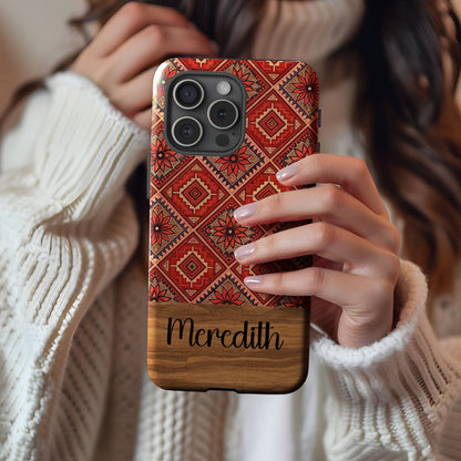 Floral Tiles in Orange Aztec Patterns With Custom Name Custom Phone Case - Walk Greener