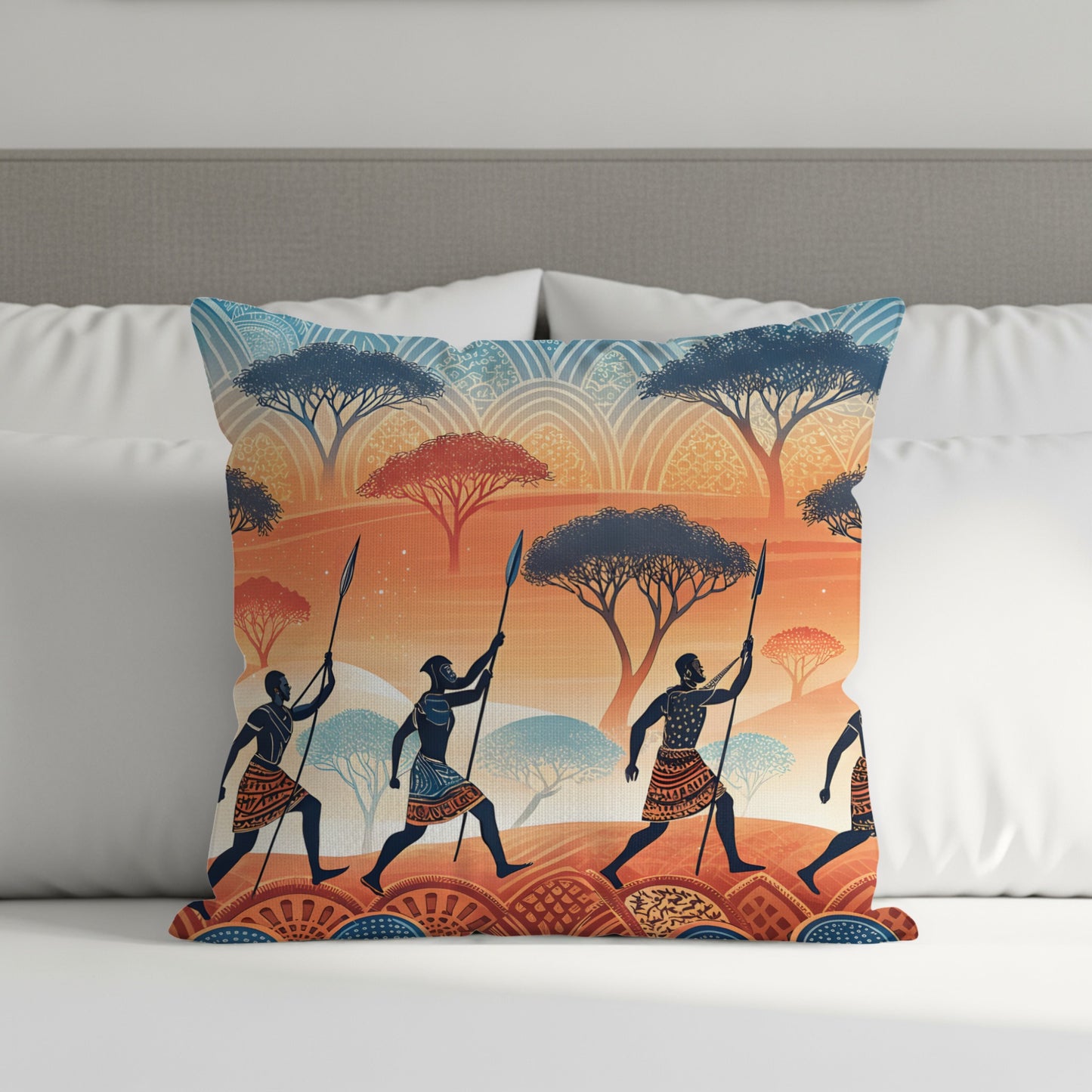 African Safari Warriors Under Acacia Trees Pattern Pillows & Pillow Cases - Walk Greener