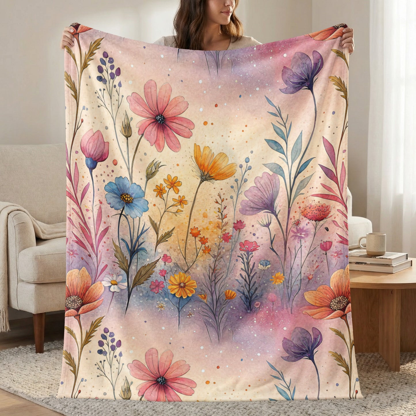 Watercolor Floral Garden Dream Artistic Velveteen Plush Blankets - Walk Greener