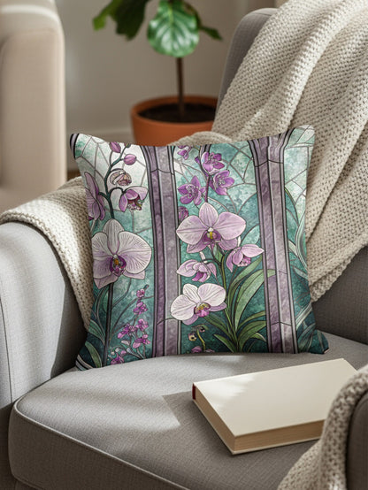 Elegant Stained Glass with Orchids Floral Motif Throw Pillows - Walk Greener