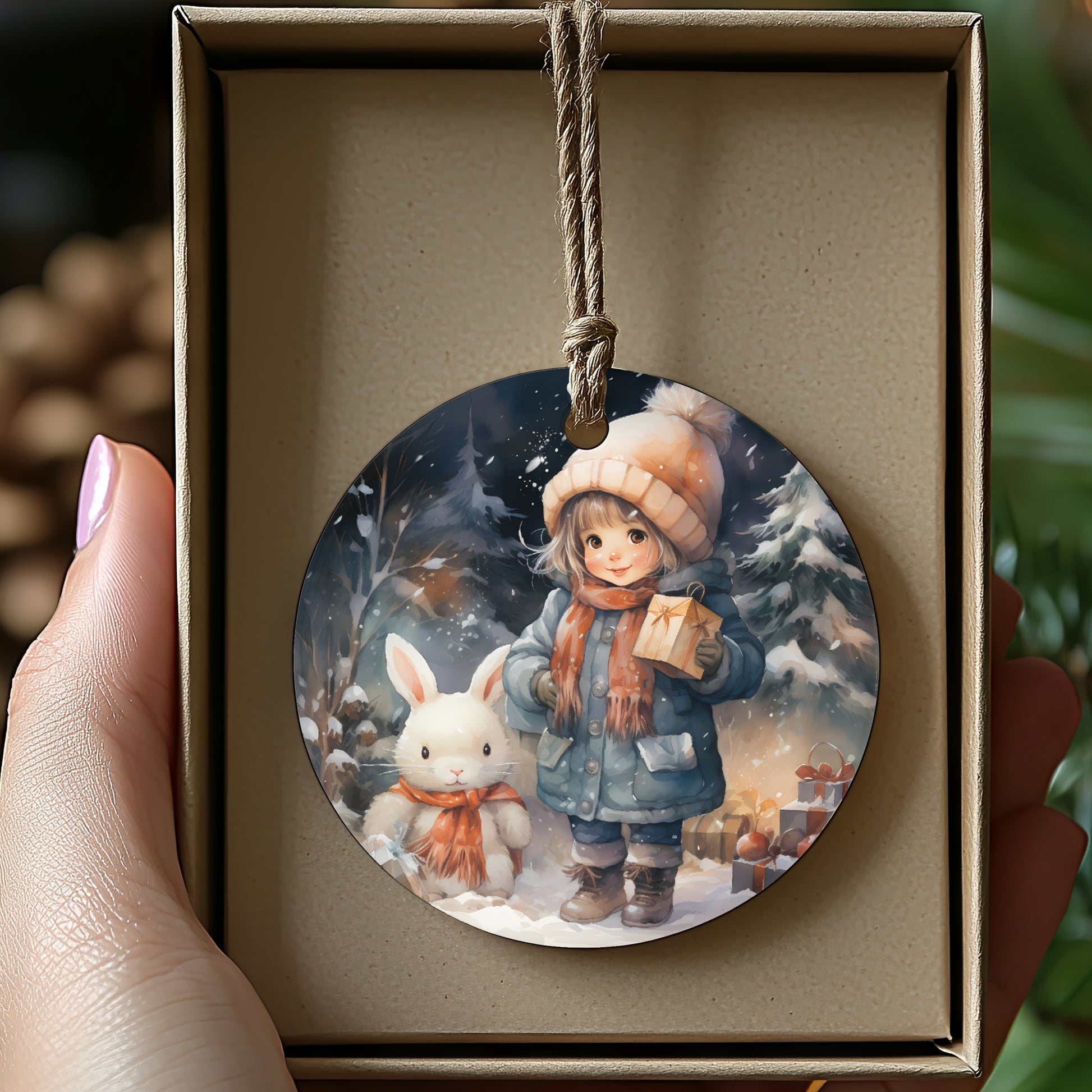 Cute Winter Scene Girl and Bunny Christmas Ornament product
