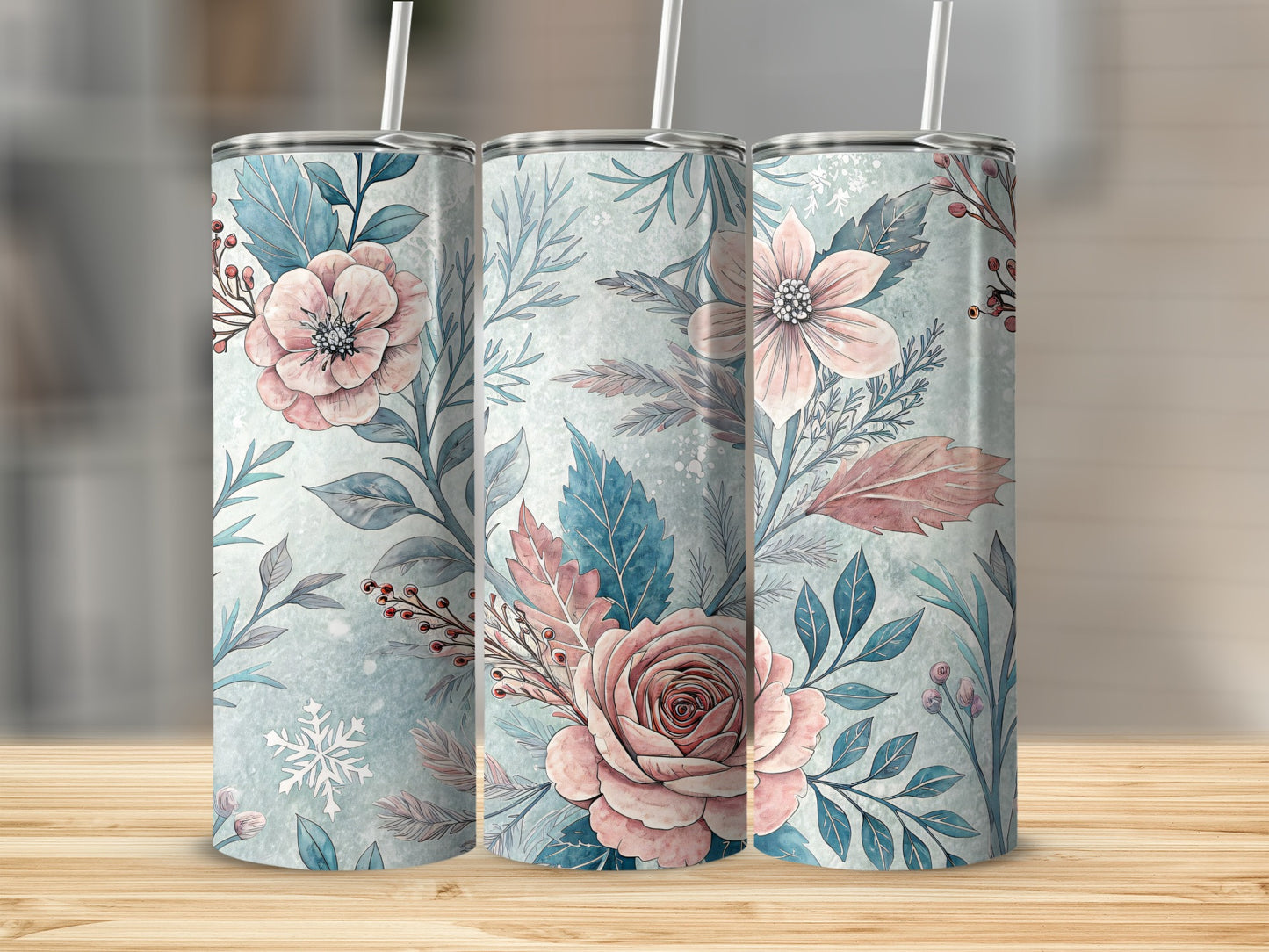 Floral Winter Wonderland Design Skinny Tumbler Product