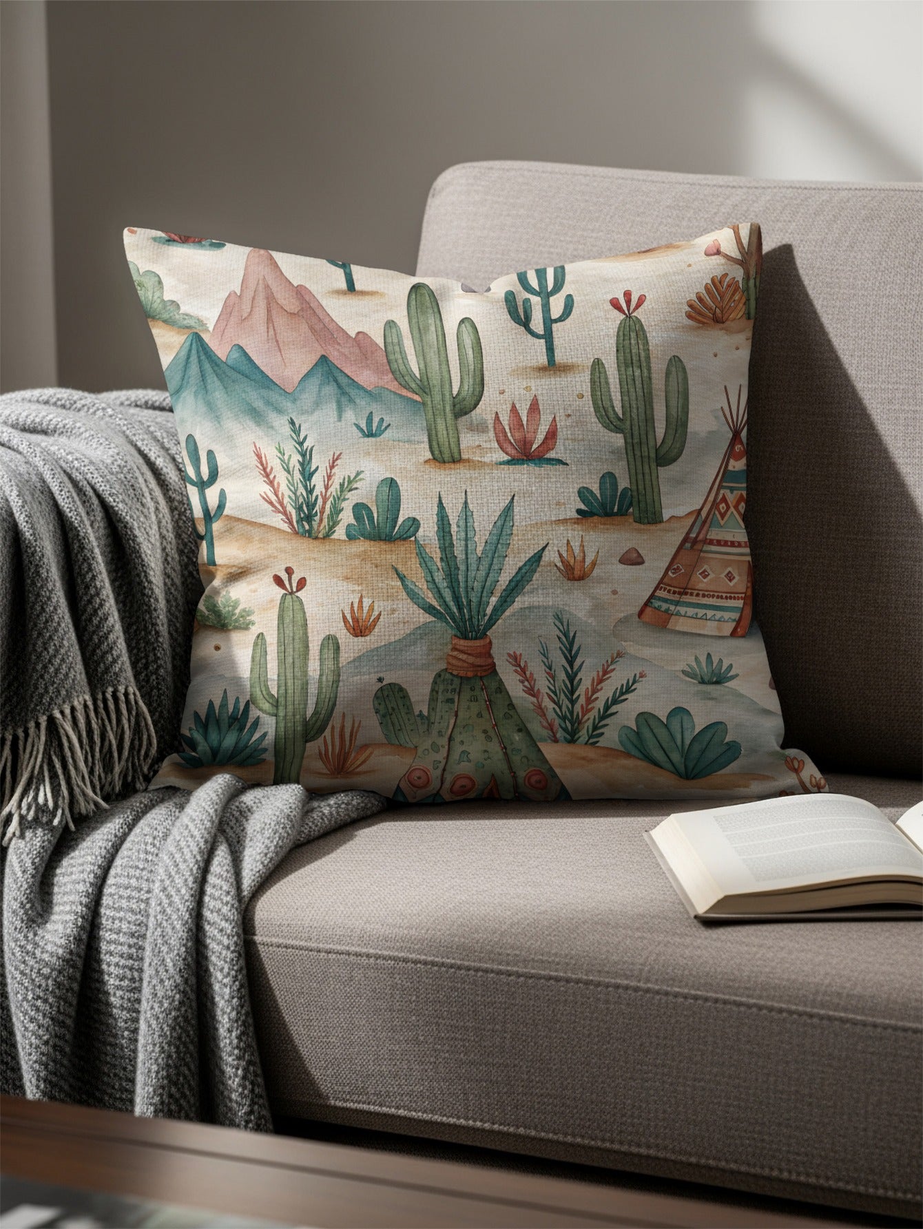 Colorful Southwestern Desert Scene Design Pillow