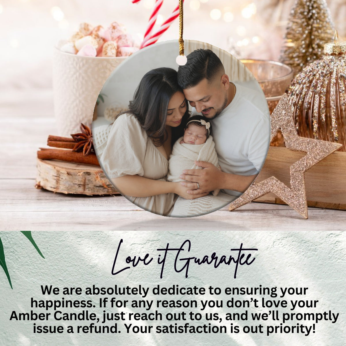 Circular family portrait ornament with holiday decor and guarantee text.