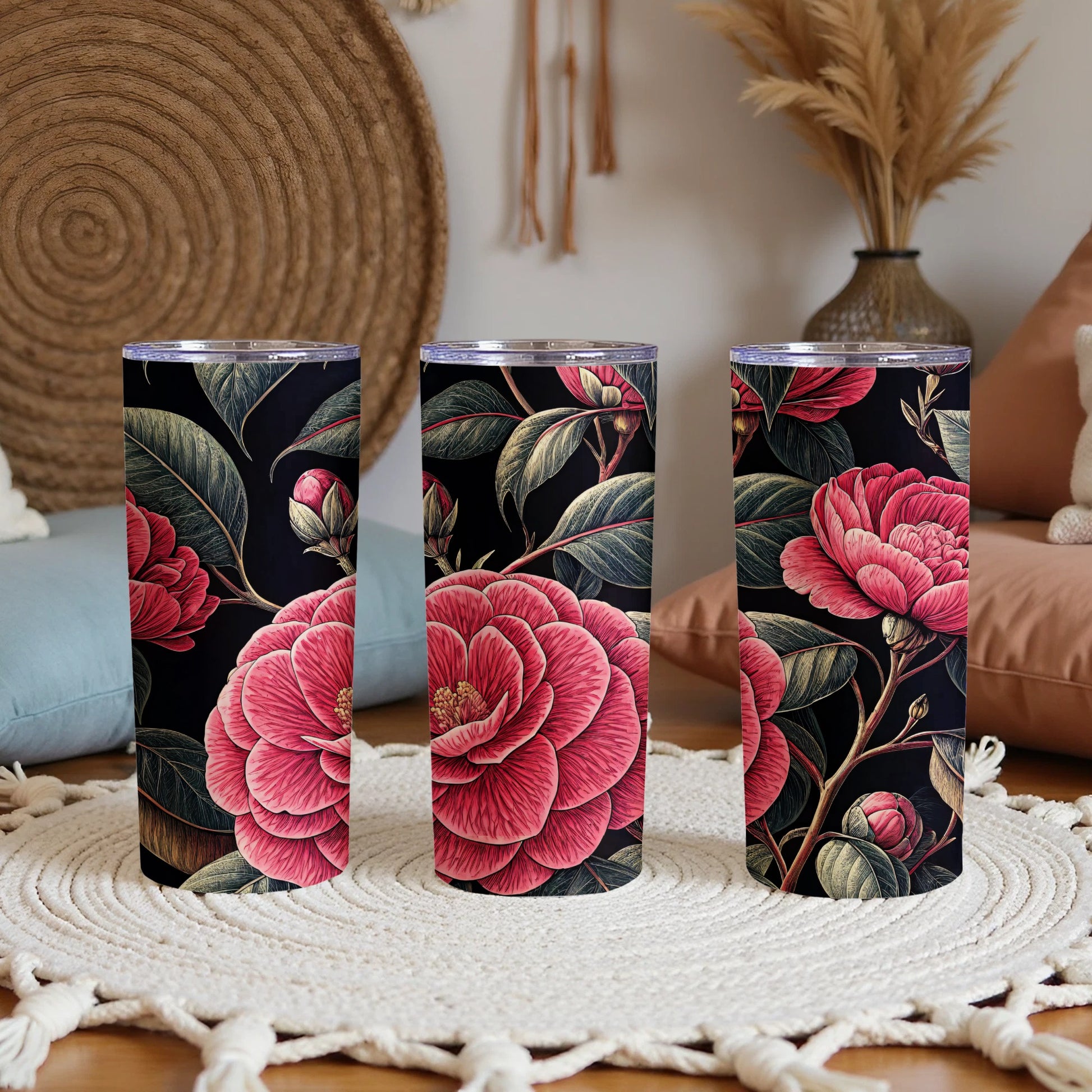 Elegant Floral Travel Tumbler with Pink and Red Blooms