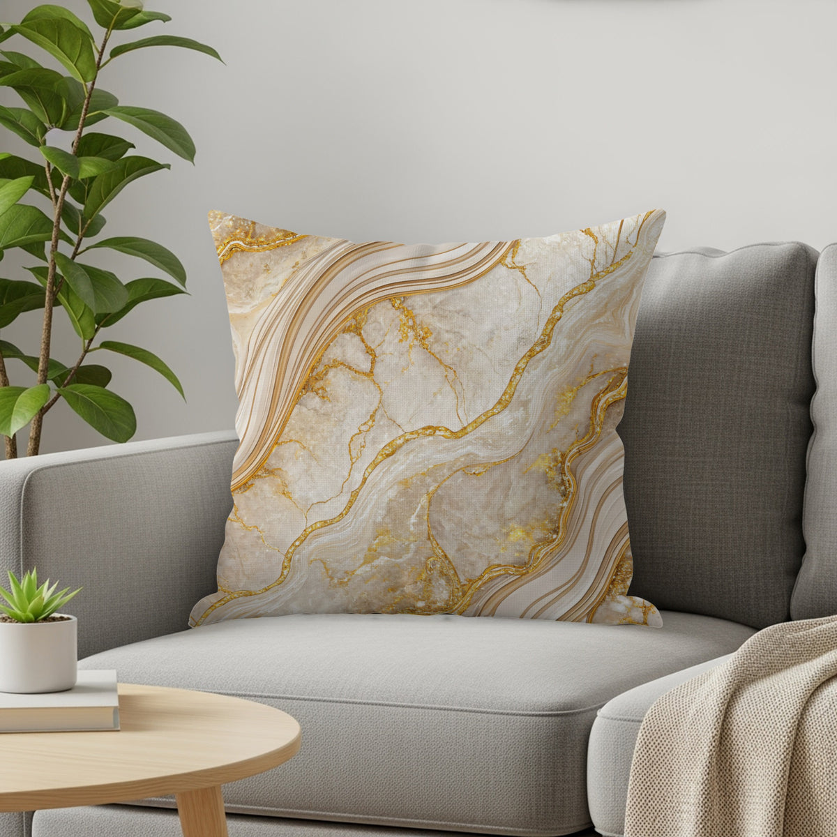 Beige Marble Golden Veins Design Floral Decorative Throw Pillows - Walk Greener